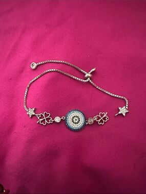 Silver-Tone Blue Pave Evil Eye Bracelet with Clover Accents-broken